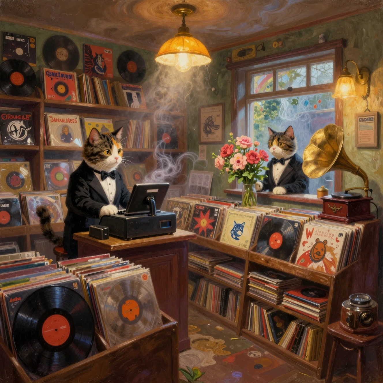 Gatos antropomórficos explorando una acogedora tienda de discos vintage