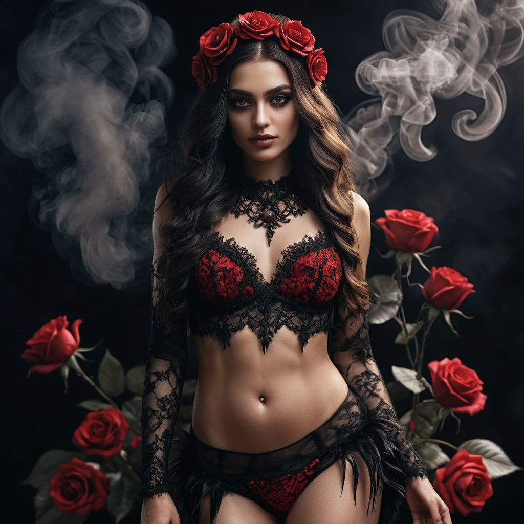 Confident woman in gothic lace with visible athletic belly