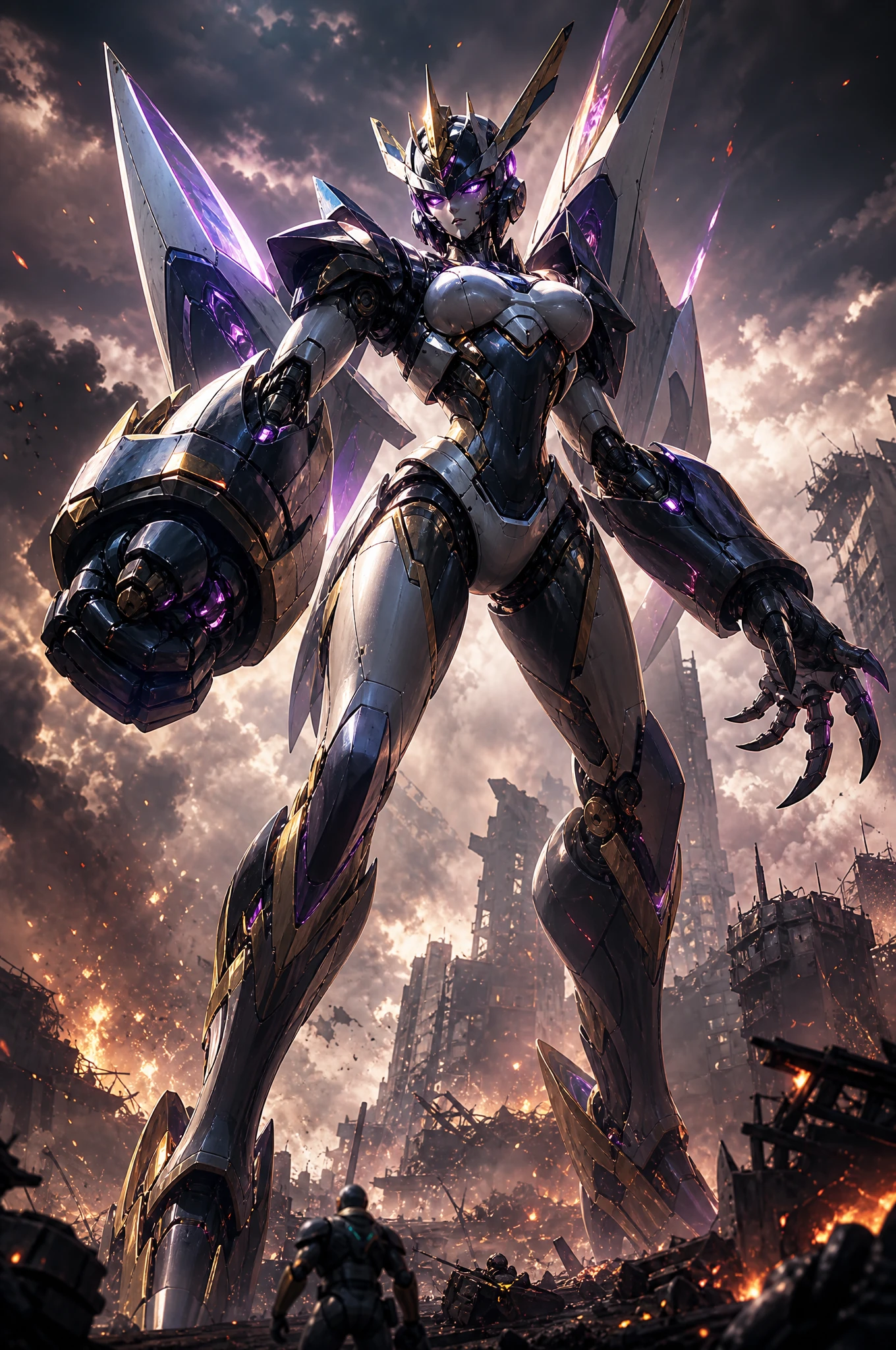 Giant female humanoid robot on a ruined battlefield