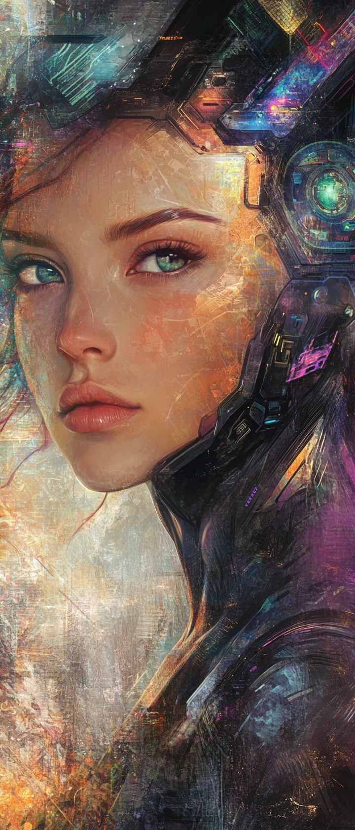 Futuristic armored woman in dreamy comic inspired fantasy scene