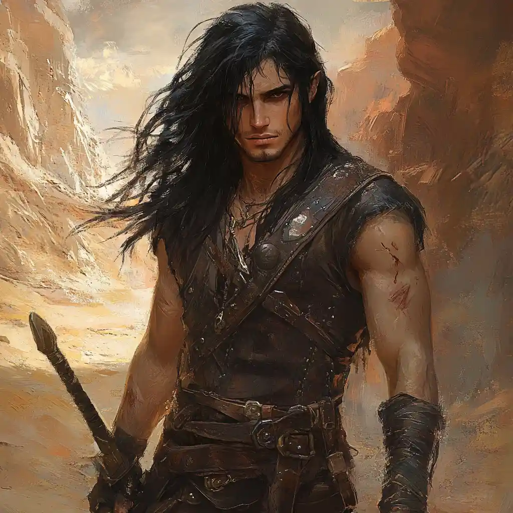 Dark fantasy ranger woman with scimitar in desert leathers