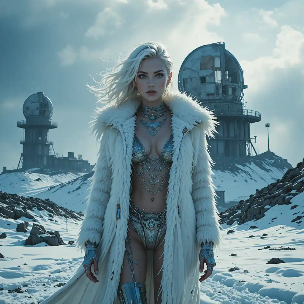 Femme fatale on ruined arctic radar station in snowstorm