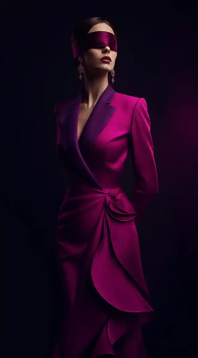 Blindfolded woman in neon violet pink business dress