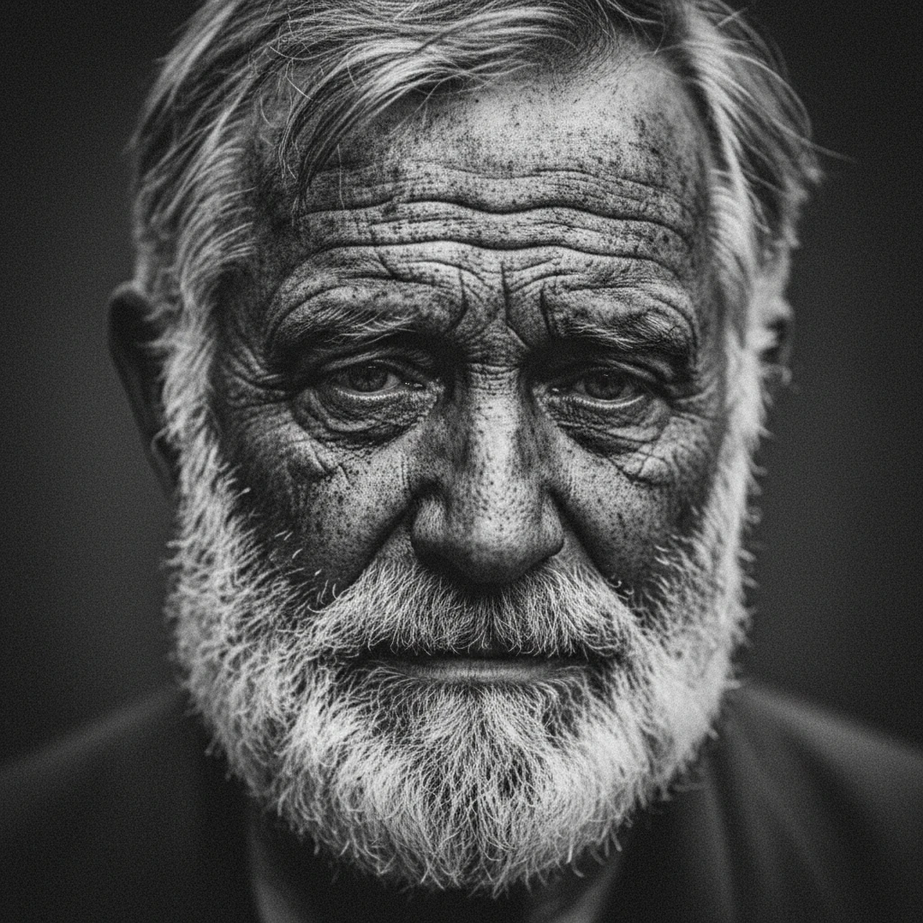 Close black and white portrait of a sad old coal miner