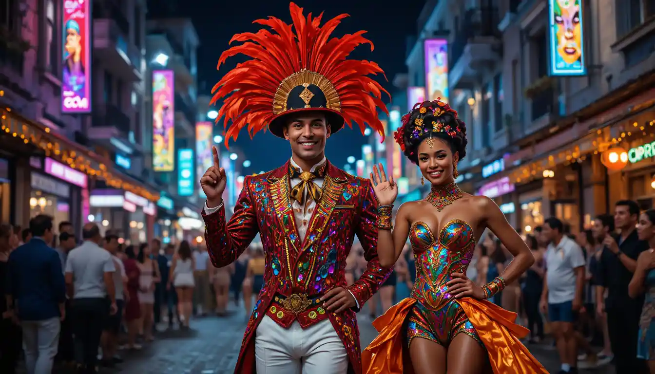 Smiling carnival performer in feathers and sequins at night