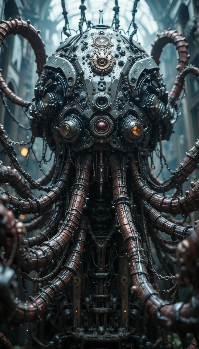 Gothic mechanical mecha entangled with biomechanical tentacles