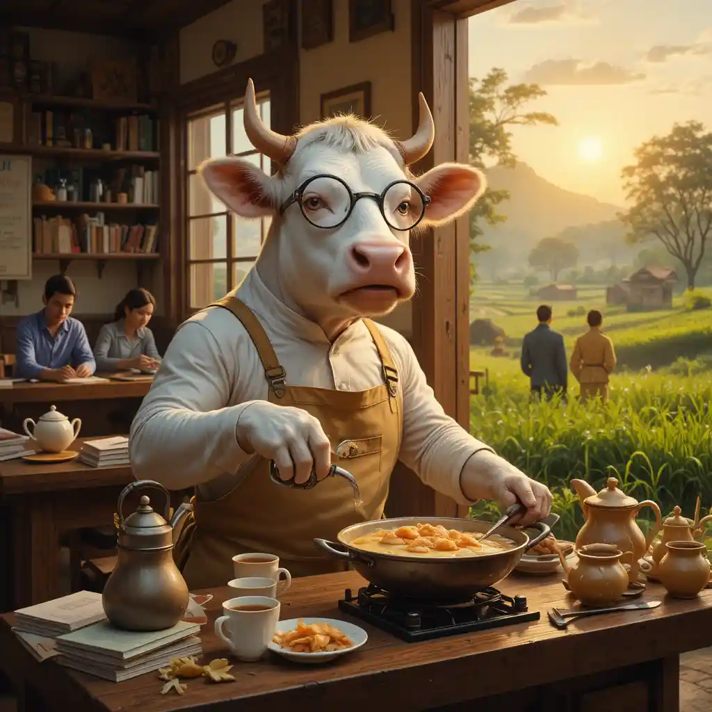 Chubby white cow cooking breakfast in a cozy village kitchen