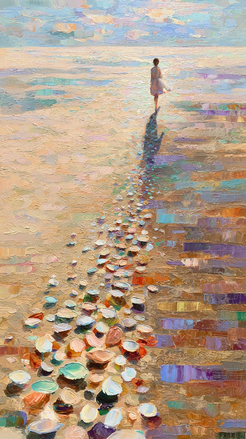 Joyful Woman Walking Along A Shell Lined Beach Shore