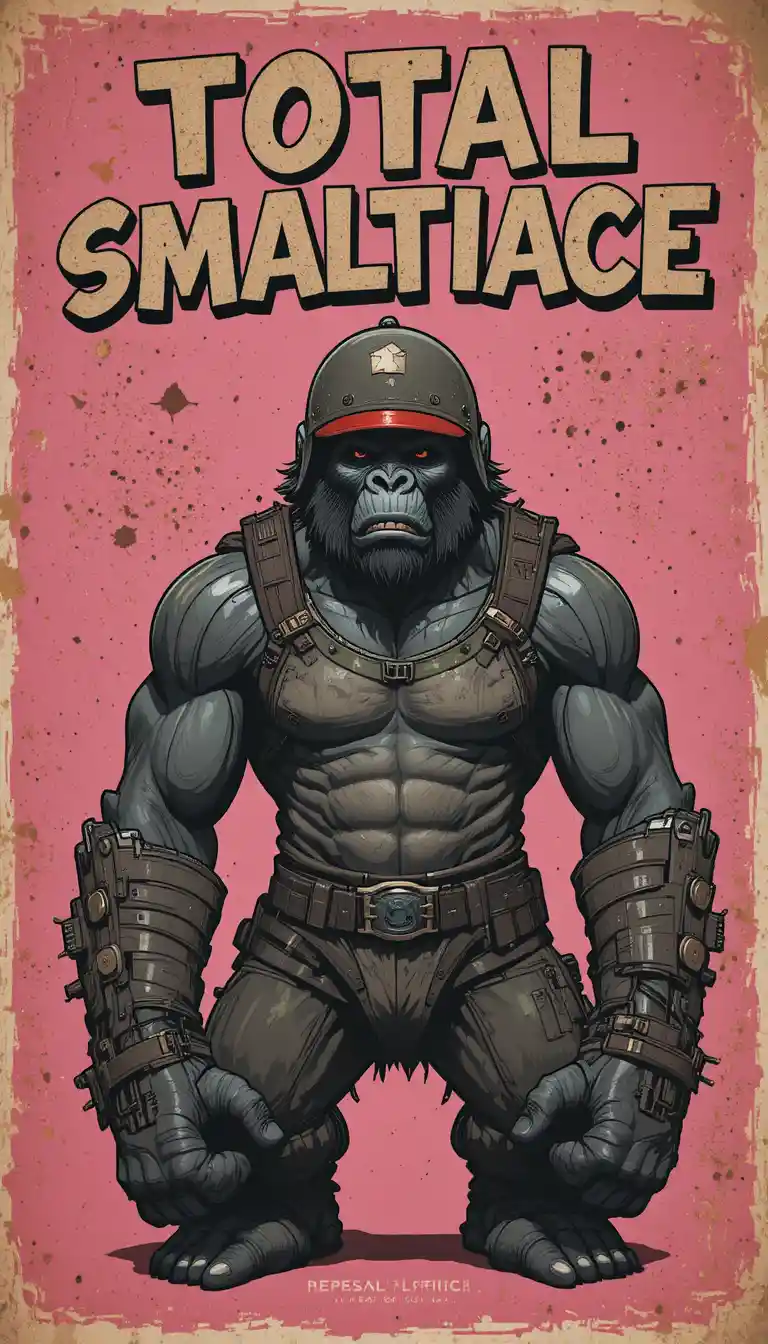 Battle worn gorilla in armor with red visor helmet