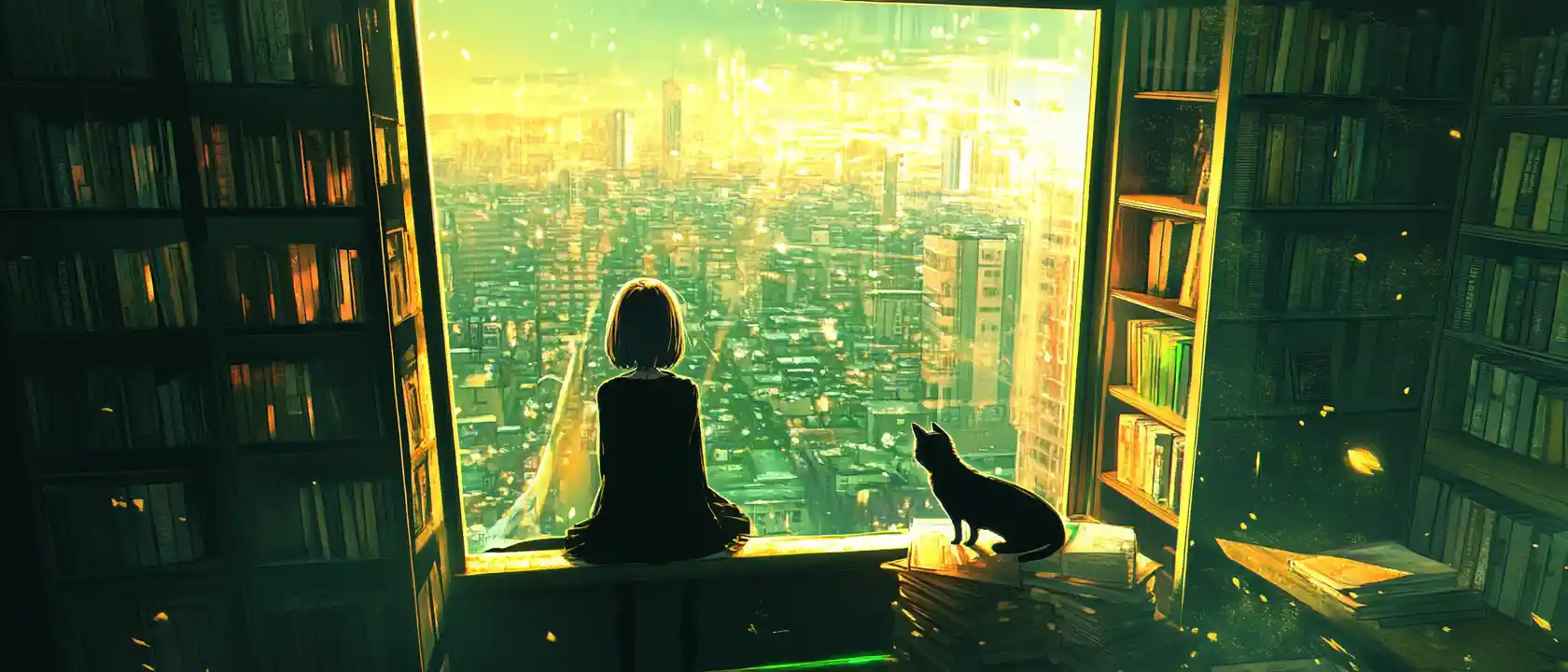 Anime girl with black cat by a bright city window