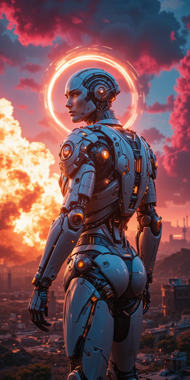 Cyborg warrior in golden armor at sunset skyline