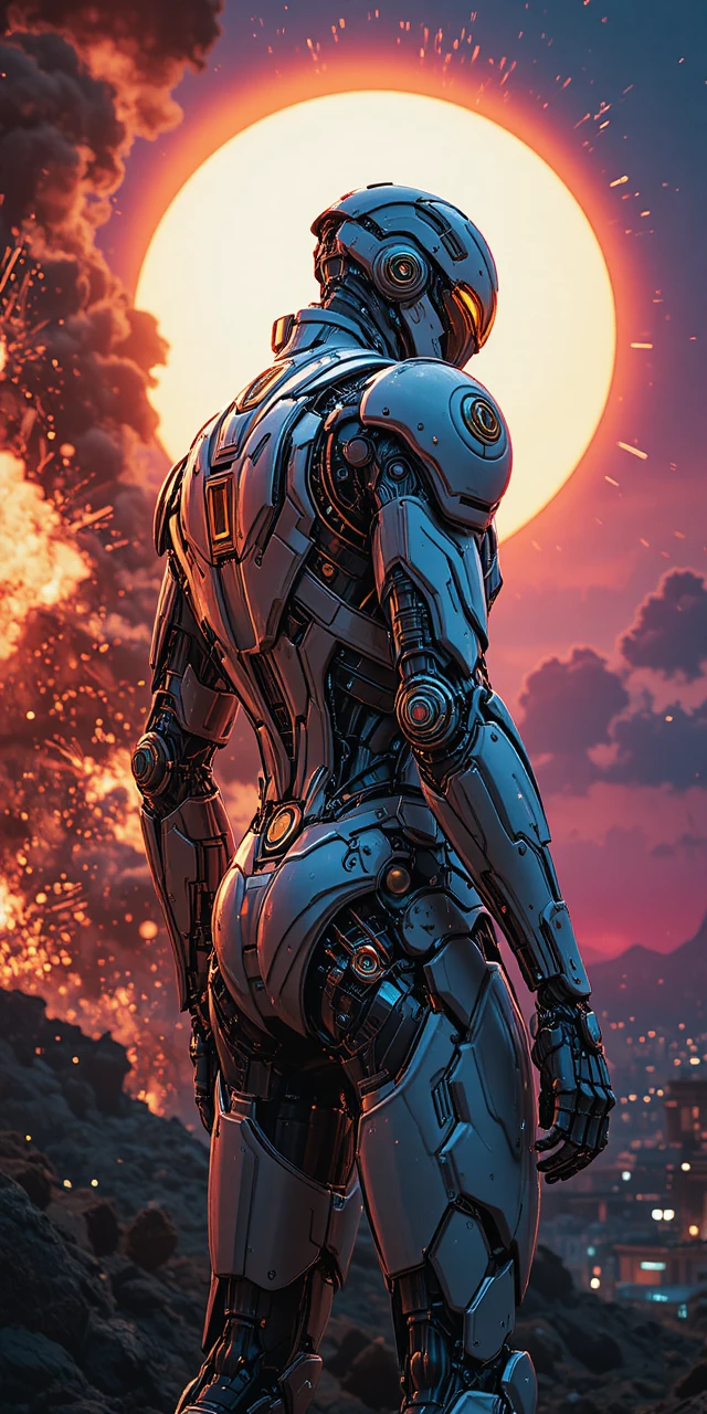 Cyborg warrior in golden sunset over futuristic city