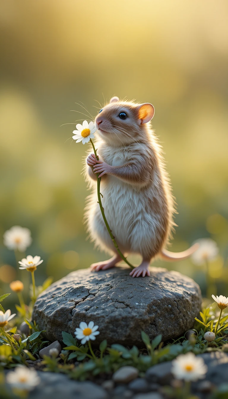 Tiny field mouse holding a white clover on river stone