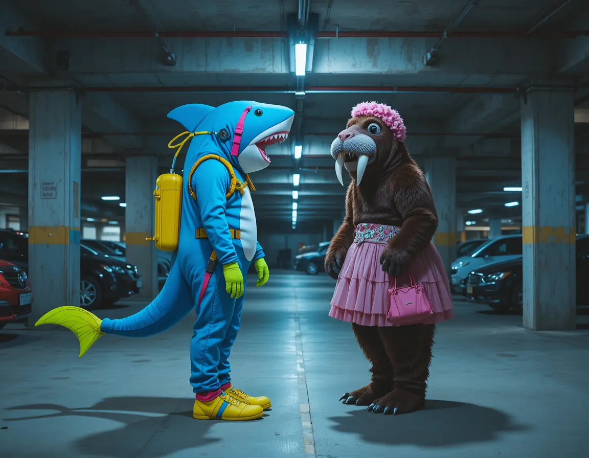 Colorful shark and walrus mascots in a parking garage