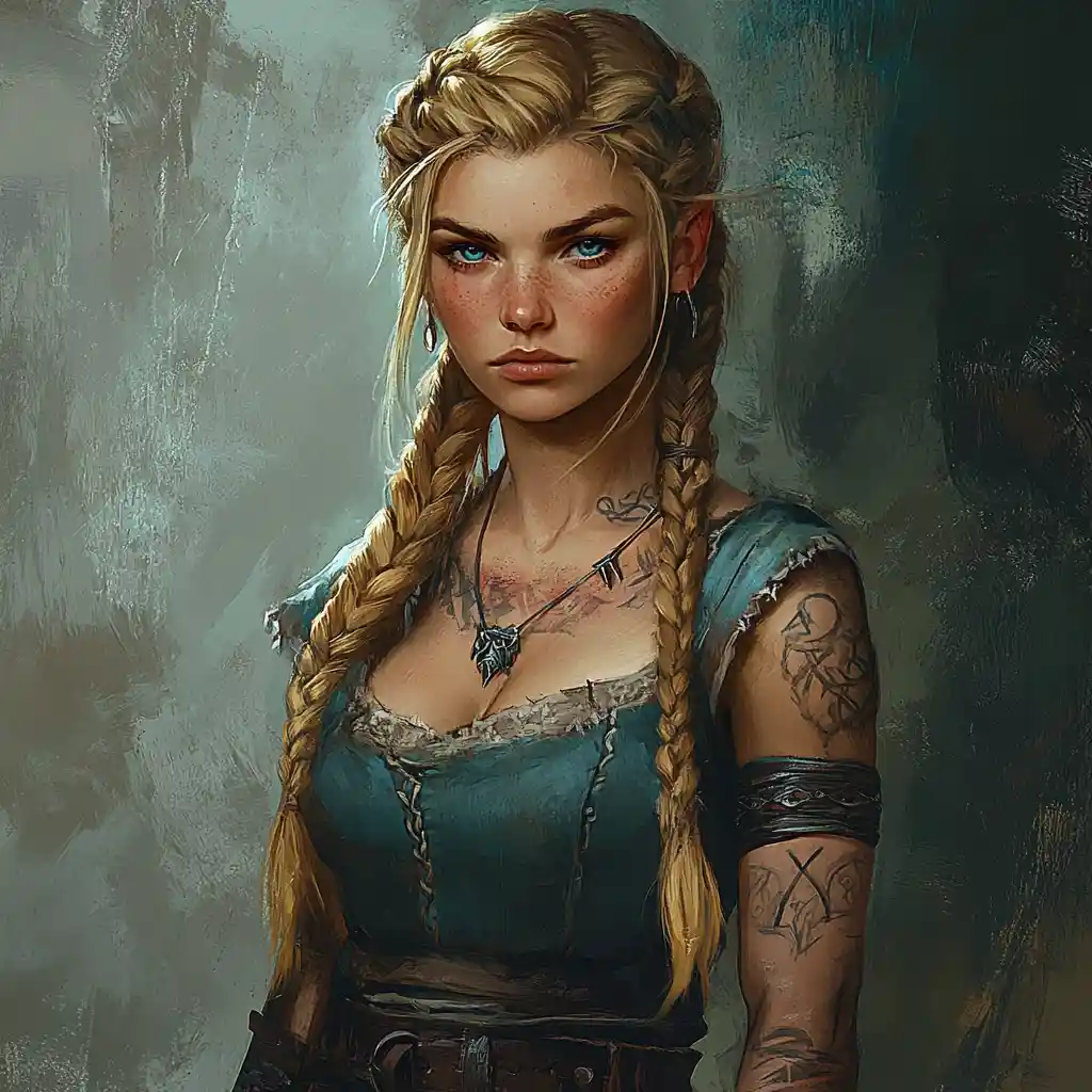 Blonde dwarf sorceress with runes and humble clothing