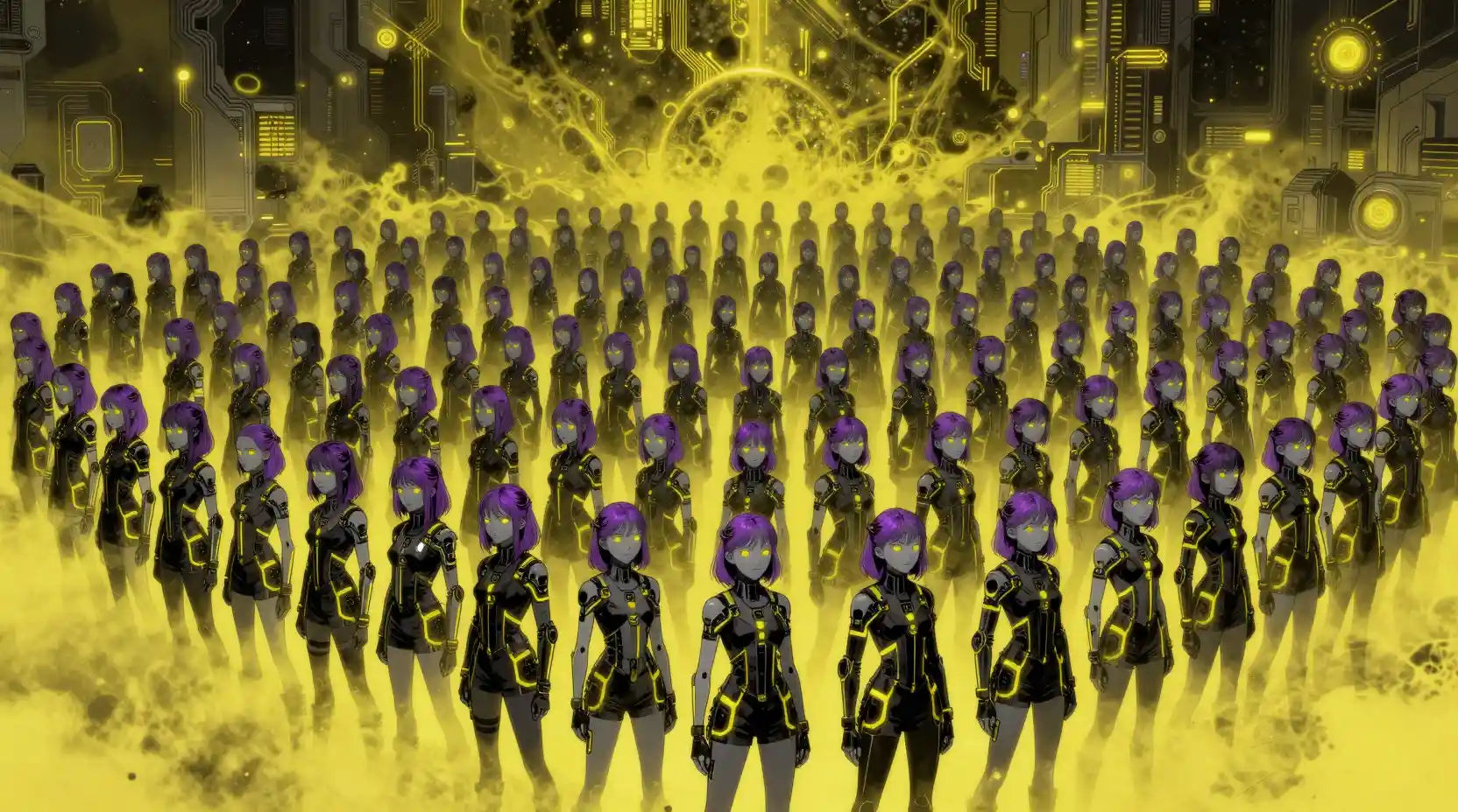 Vast sci fi crowd of teenage girls in neon black park