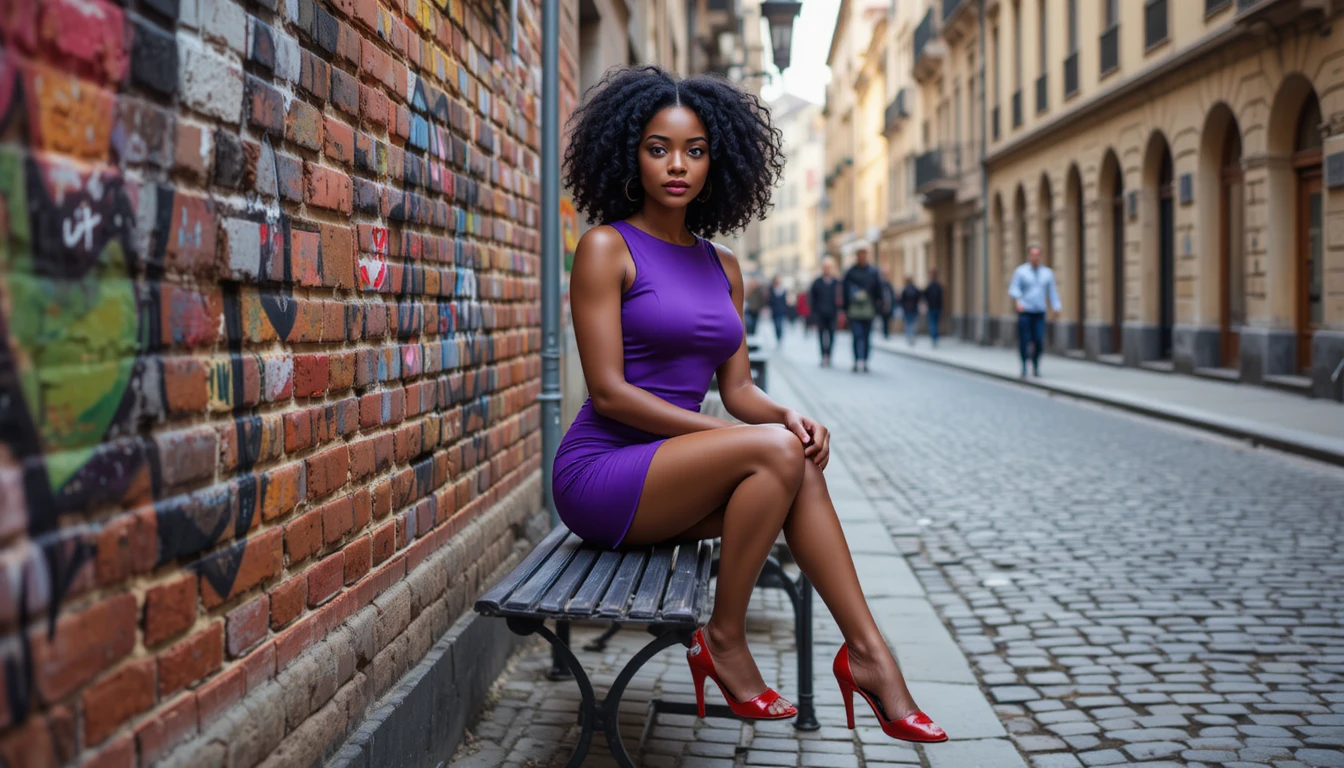 Young woman in purple dress on graffiti city bench
