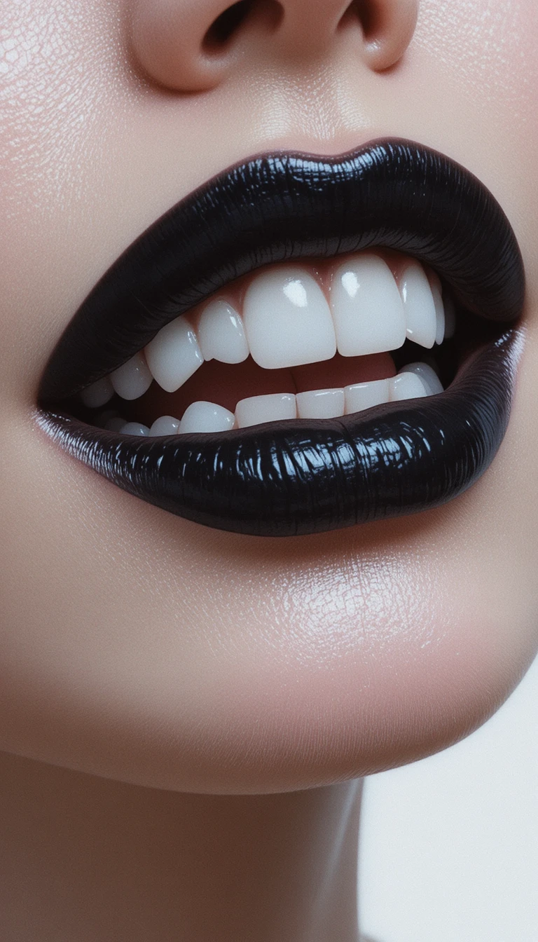 Extreme close up of glossy black lips and teeth