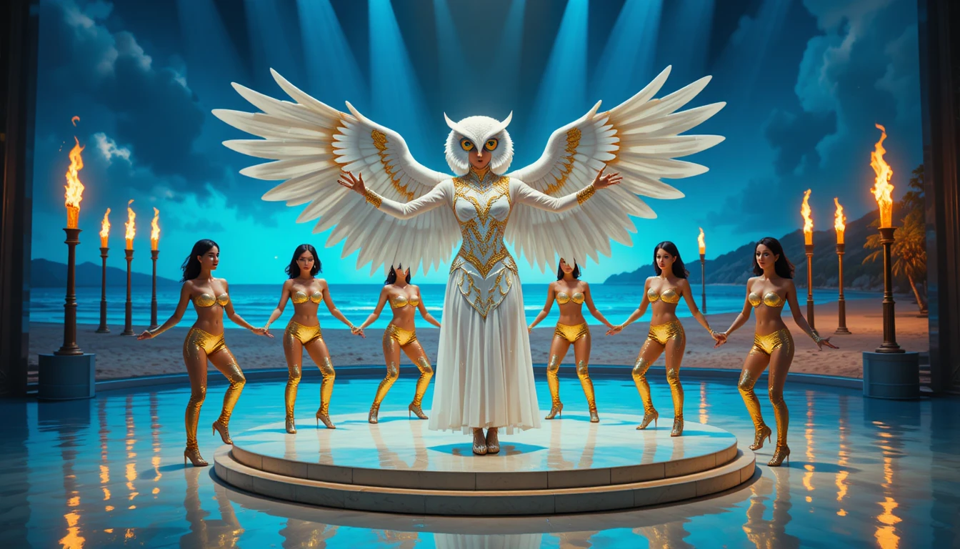 Owl costumed performer leading dancers on surreal beach stage