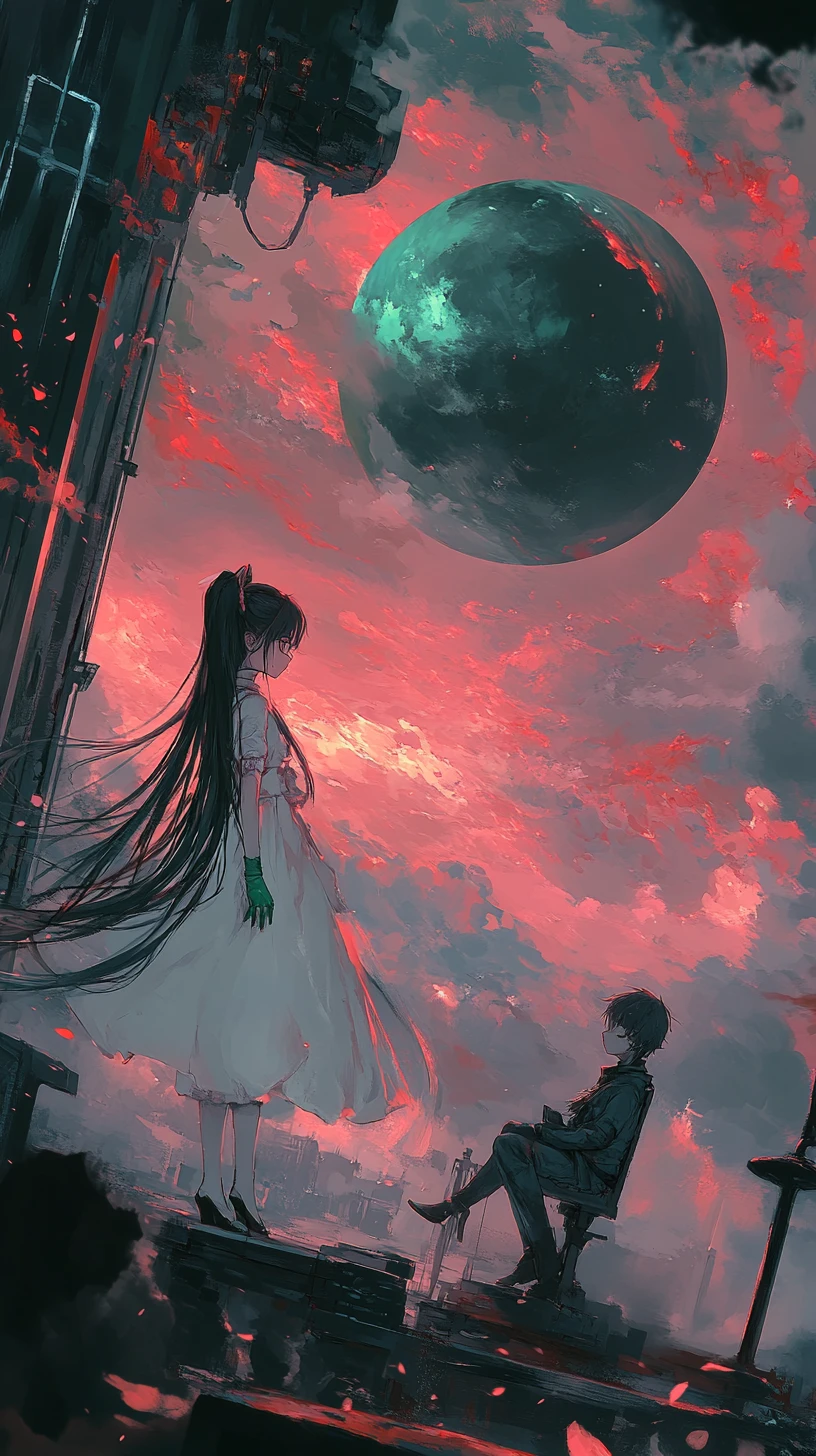 Anime girl on castle wall in sunset oil painting