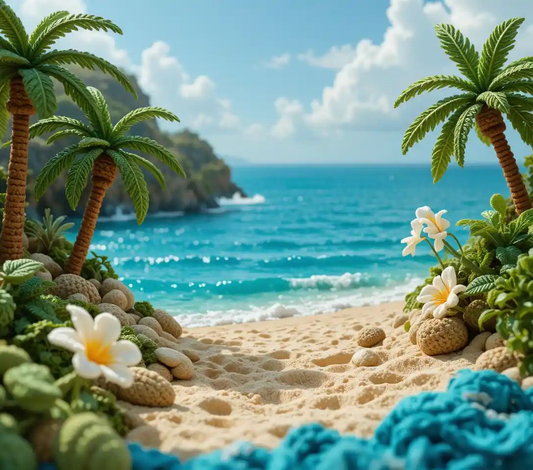 Crocheted Tropical Beach With Palm Trees And Yarn Sea