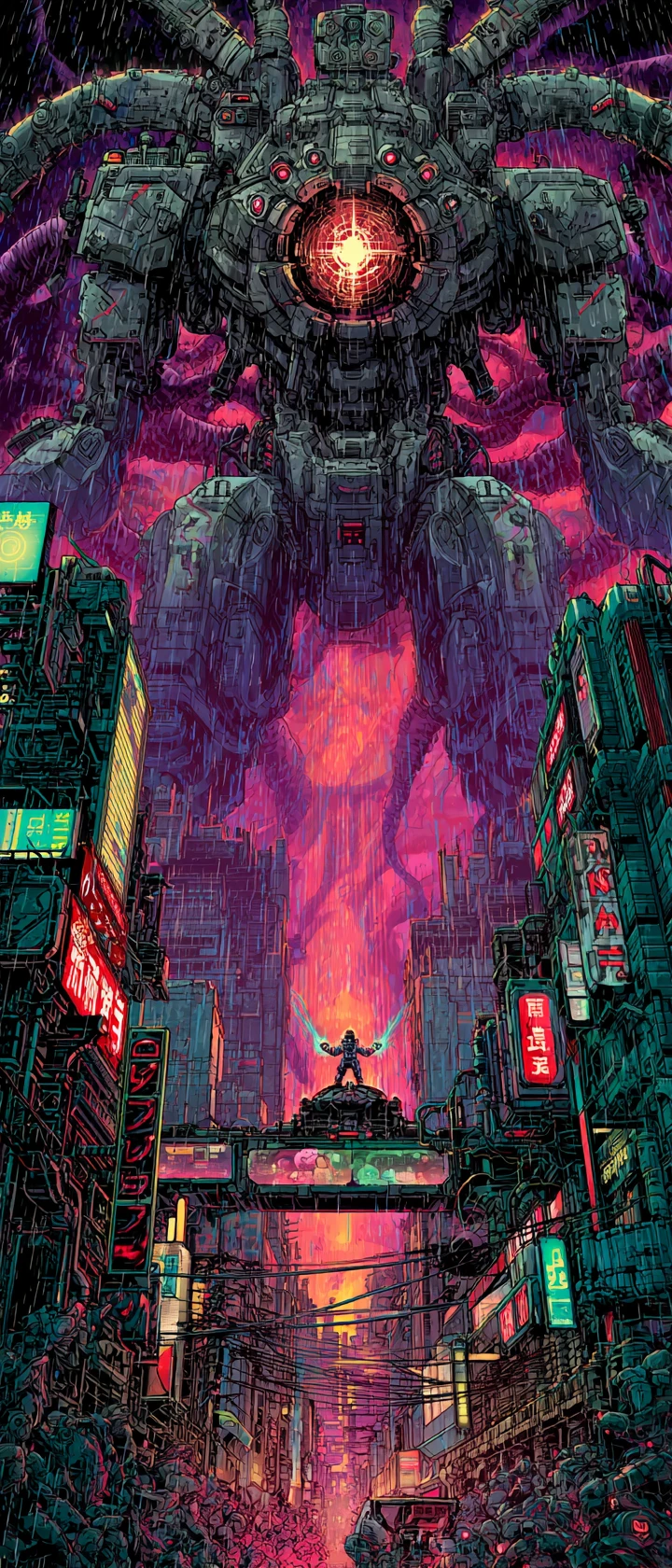 Cybernetic mecha and pilot victorious in neon city battle