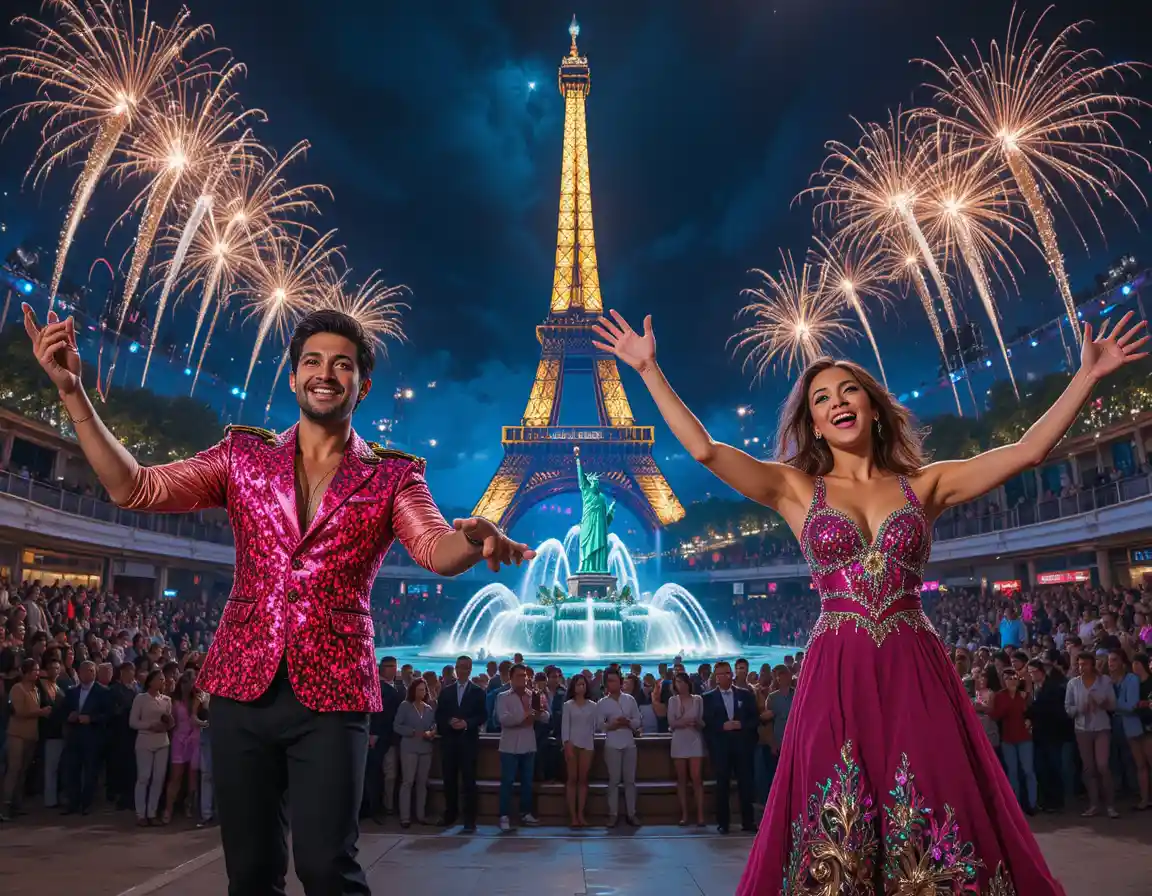 Young contestants celebrating onstage before a glowing Paris skyline