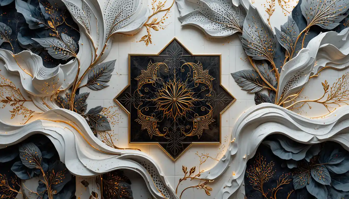 Abstract geometric tiles with flowing organic art nouveau patterns