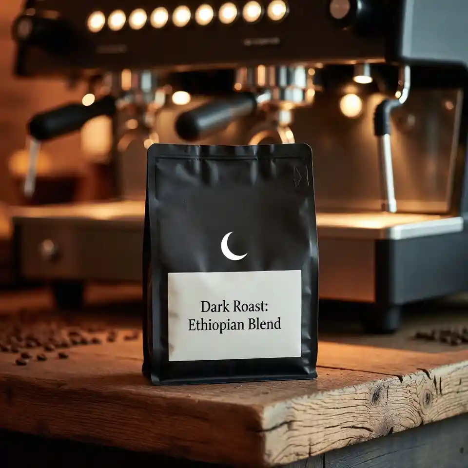 Cinematic view of black coffee bag on wooden countertop