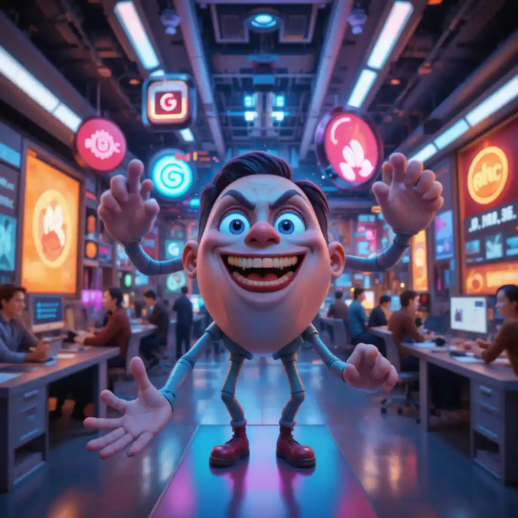 3D logo mascots float in a futuristic creative office