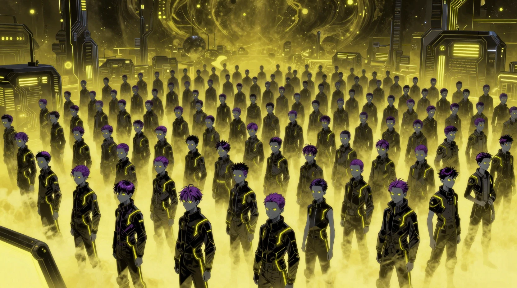 Futuristic crowd of teenage boys in neon lit cosmic park