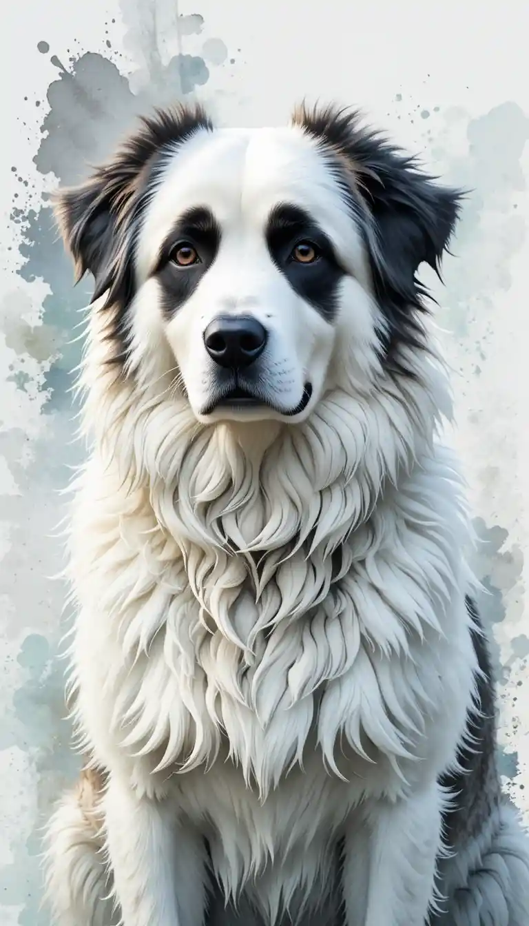 Alert great pyrenees dog in digital watercolor portrait