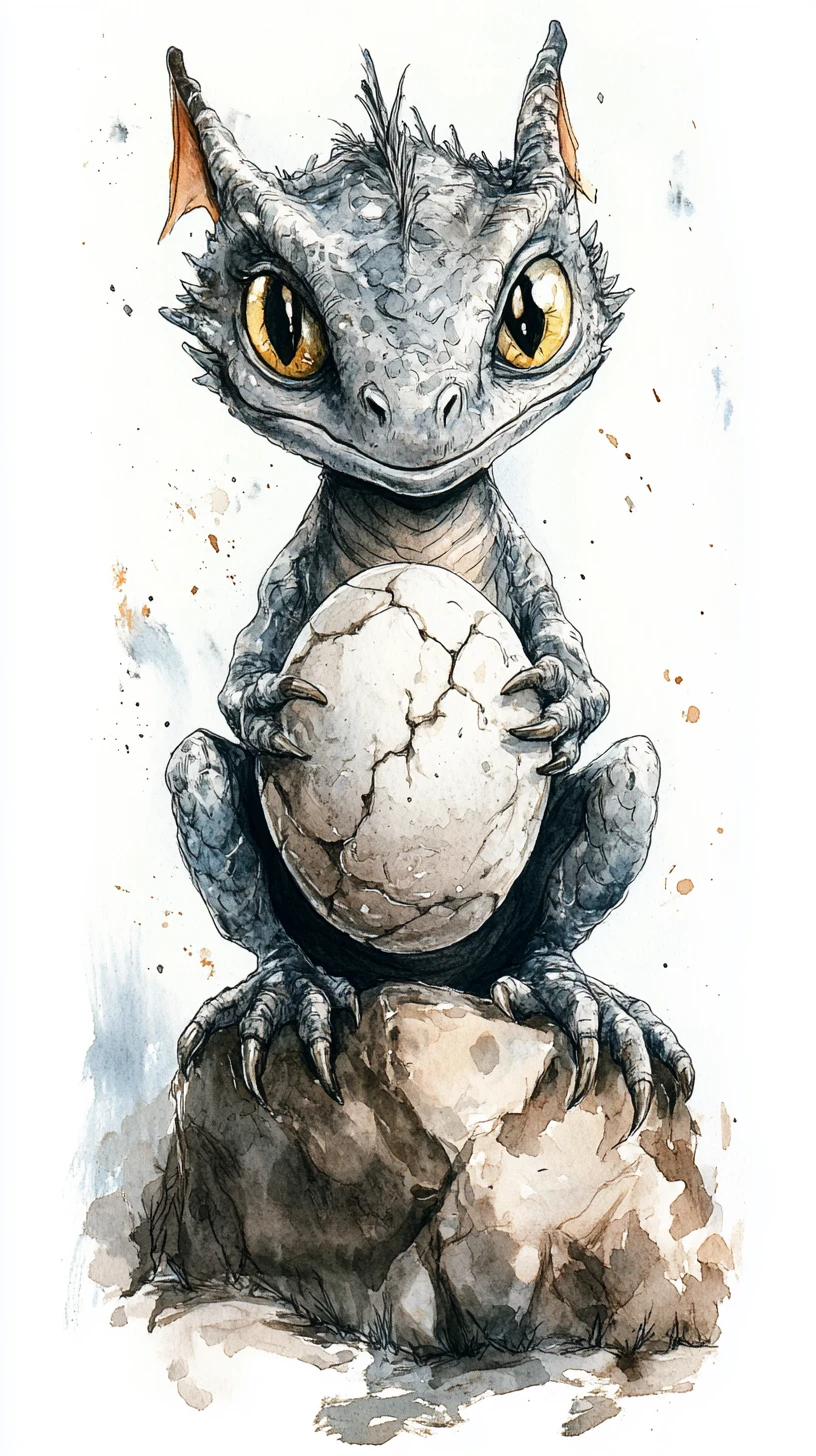 Young dragon holding a cracked stone egg on rocky ground