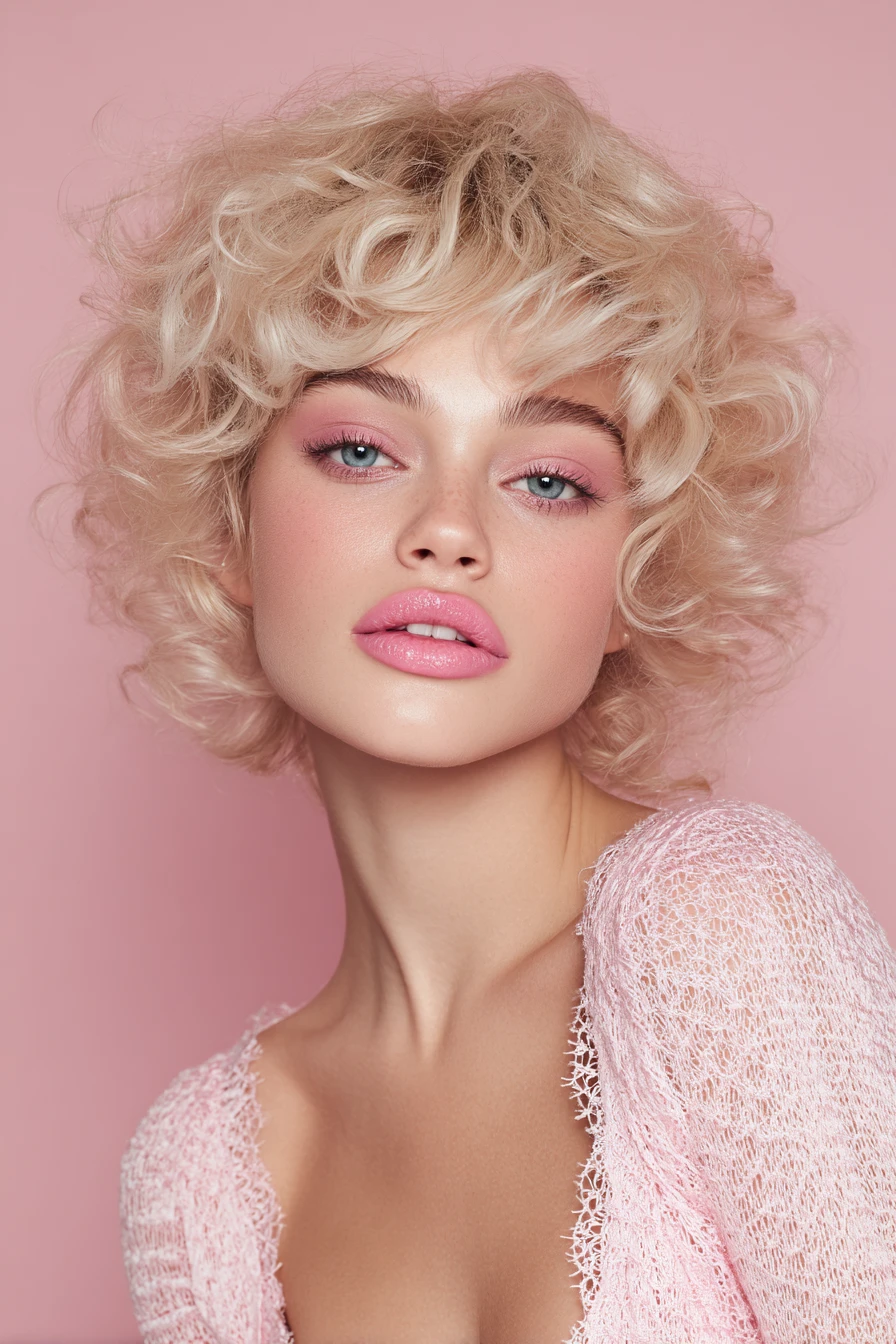 Glamorous woman with soft pink makeup and curls