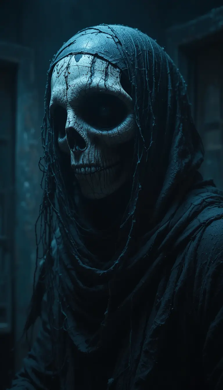 Creepy humanoid figure wrapped in tattered black cloth