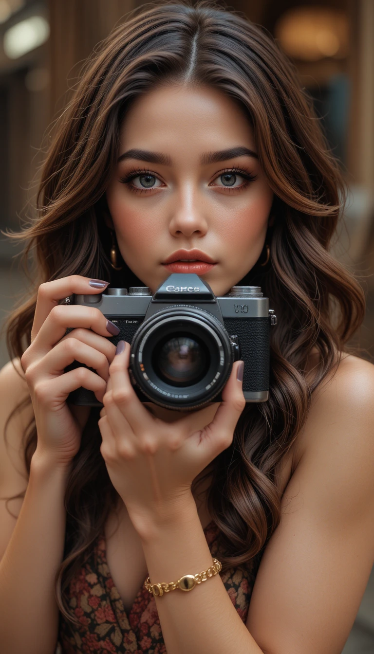 Brunette woman holding a camera in a close up portrait