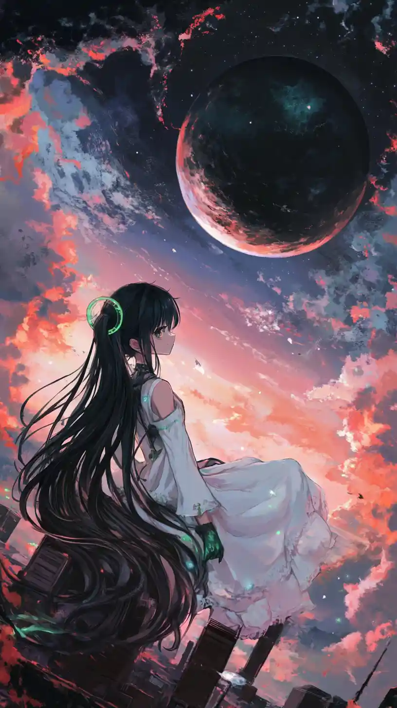 Anime girl in green standing by old red brick castle