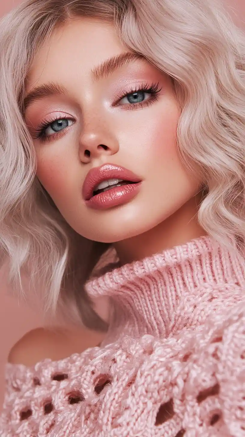 Glamorous woman with ash blonde curls and pink makeup