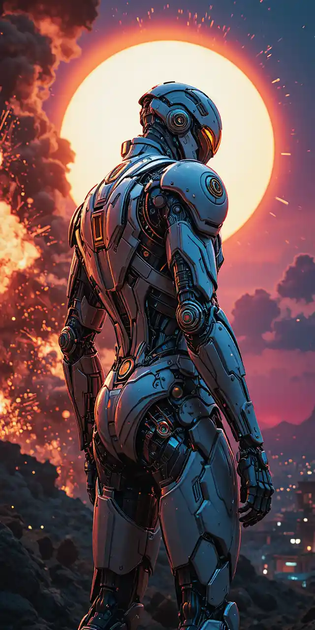 Cyborg warrior in golden sunset over futuristic city