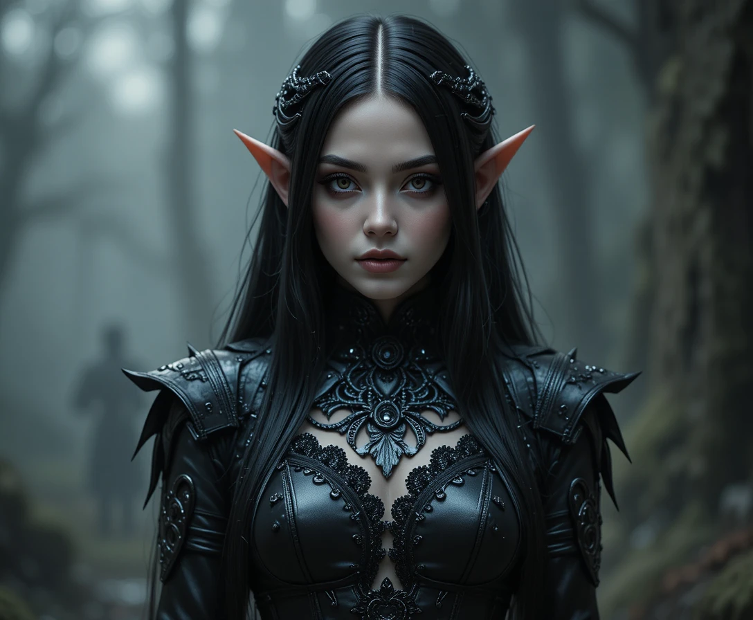 Dark fantasy elven bard with gothic leather and lace