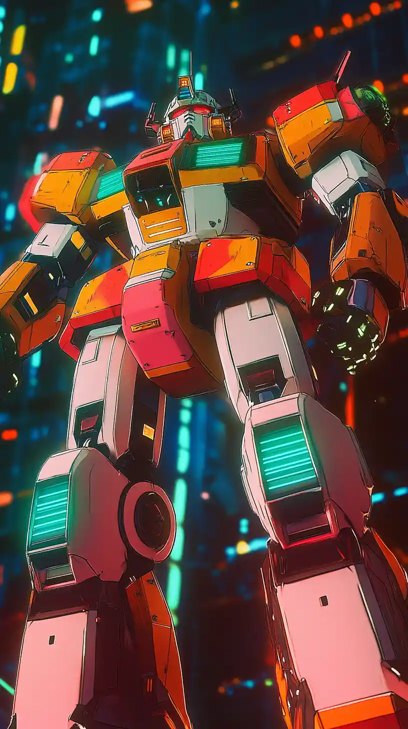 Cybernetic giant woman in a futuristic mecha city