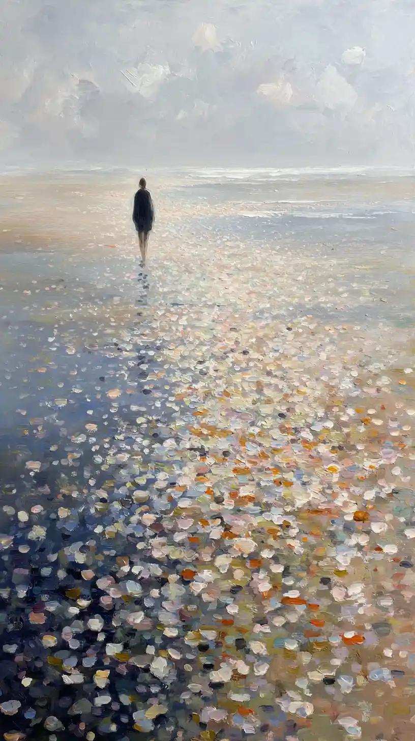 Abstract beach stroll with joyful woman in soft sands
