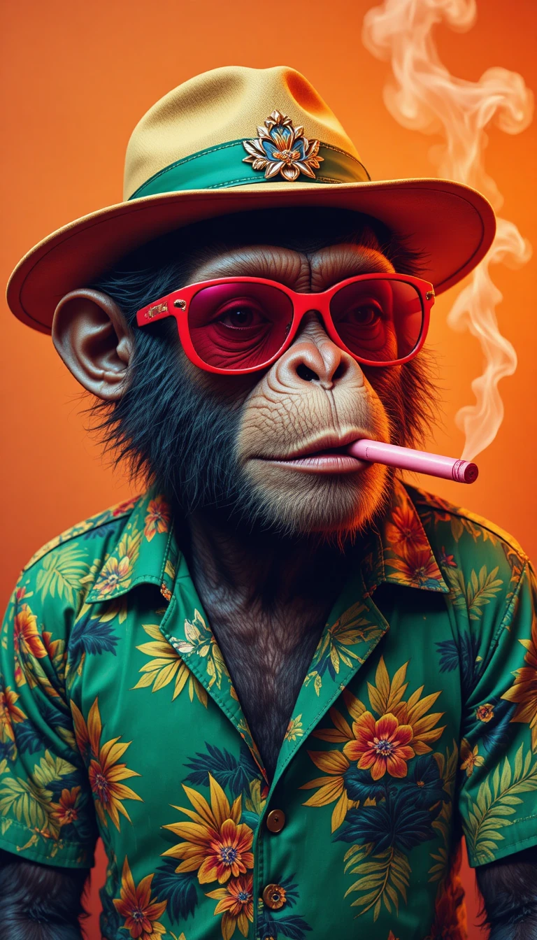 Colorful monkey in tropical outfit with smoky orange backdrop