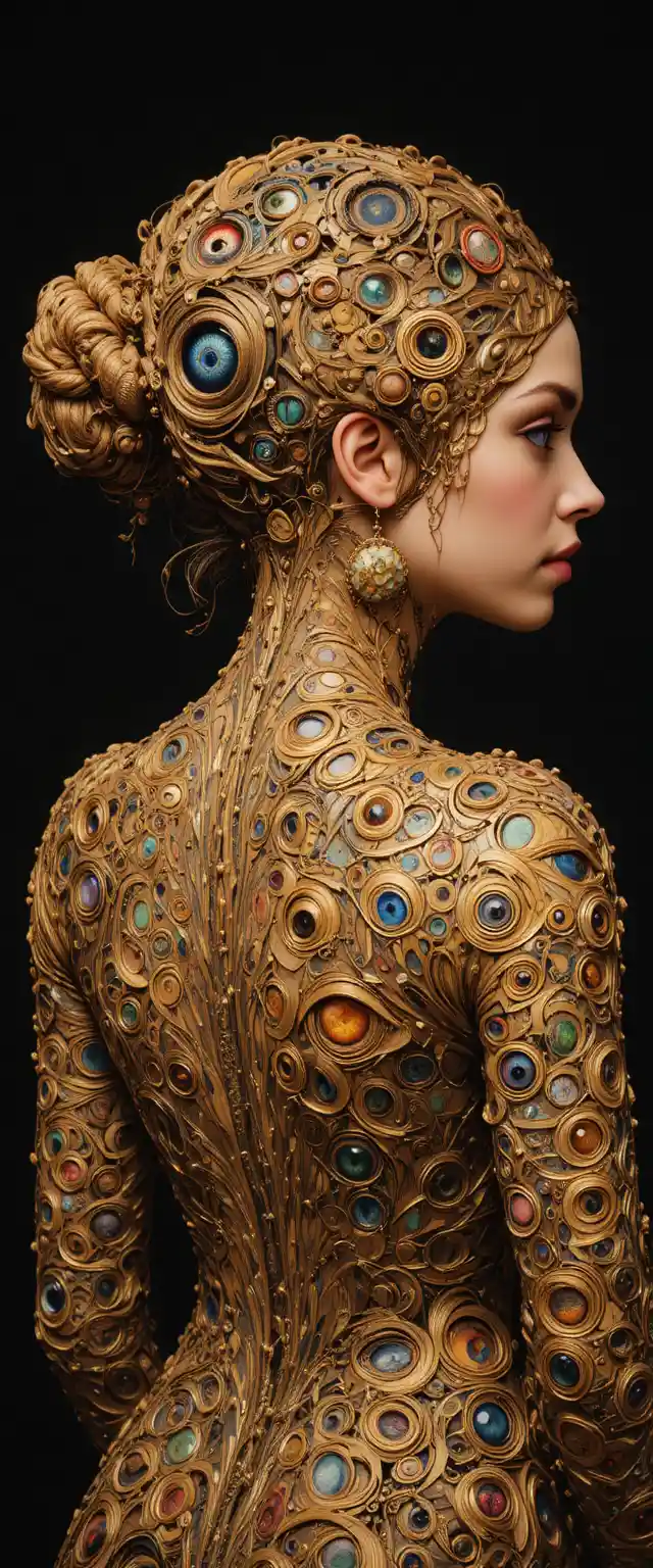 Surreal woman with vibrant eyes woven into flowing golden hair