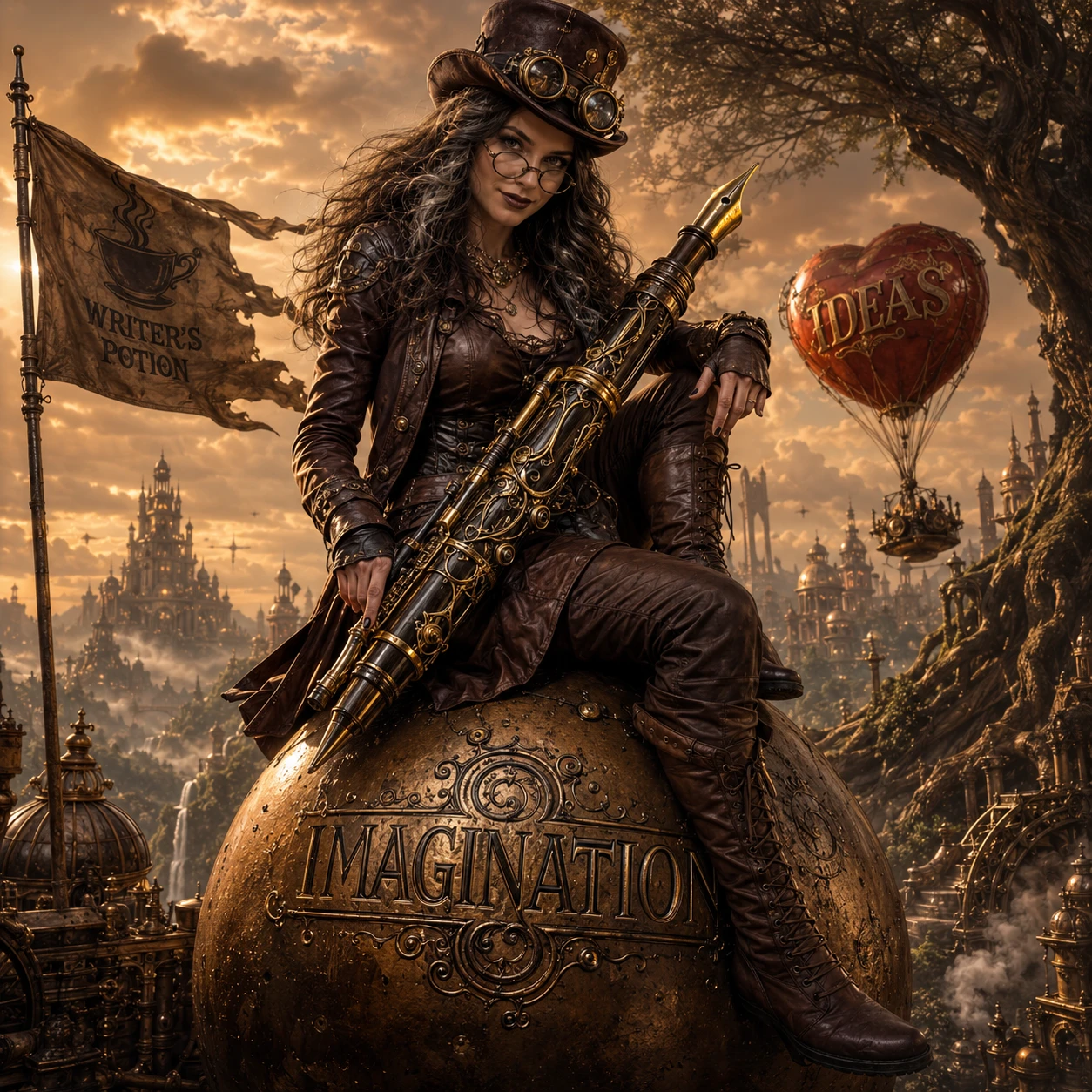 Steampunk woman on giant cannonball in a surreal cityscape