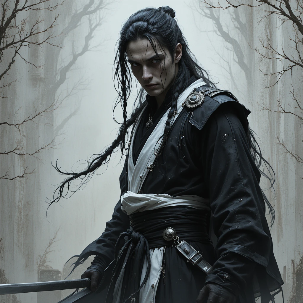 Dark fantasy monk martial artist with braided hair