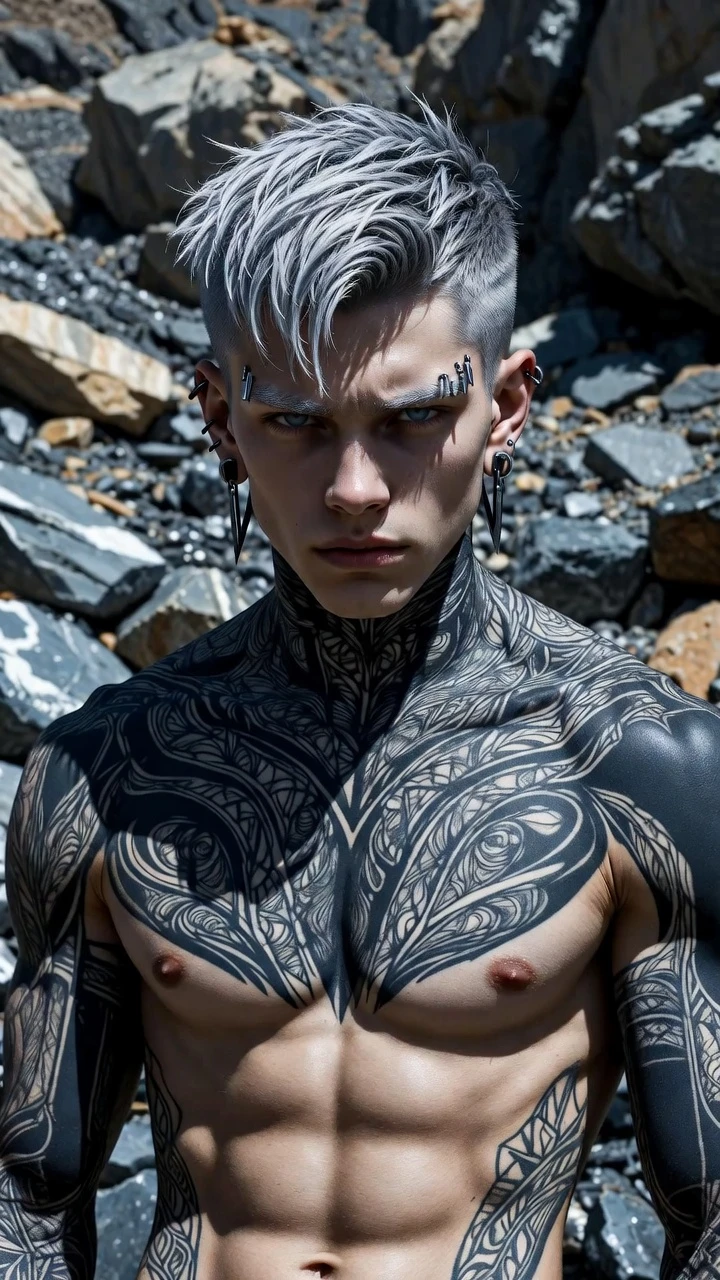 Tattooed muscular man in rocky landscape under harsh light