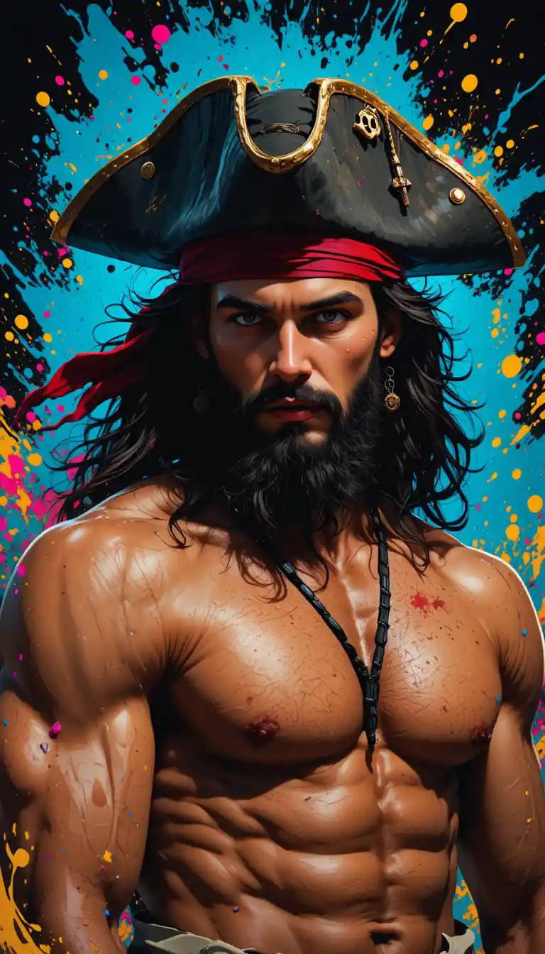 Muscular pirate portrait with bold colorful splashes