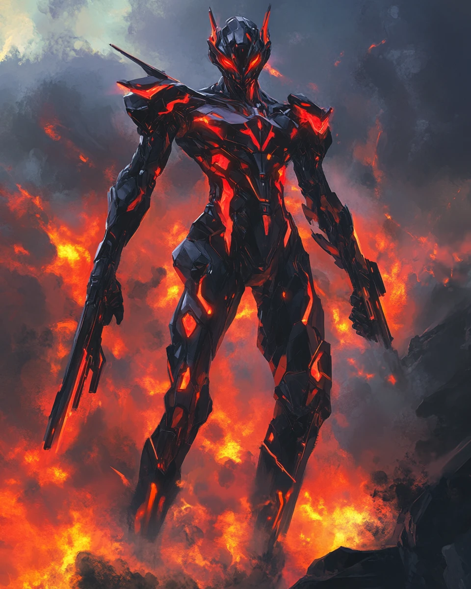 Black anime mecha covered in red flame patterns and weapons