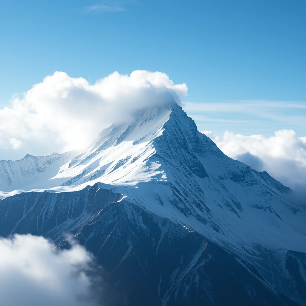 Snow covered mountain peak rising into clouds and mist